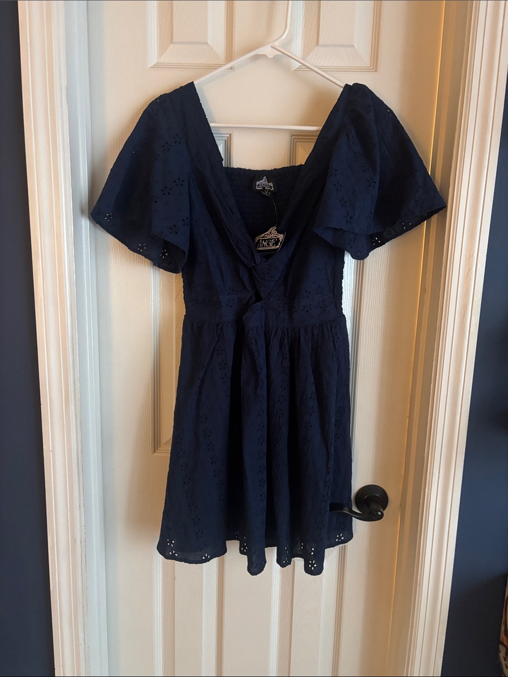 Navy Eyelet Flutter-Sleeve Dress